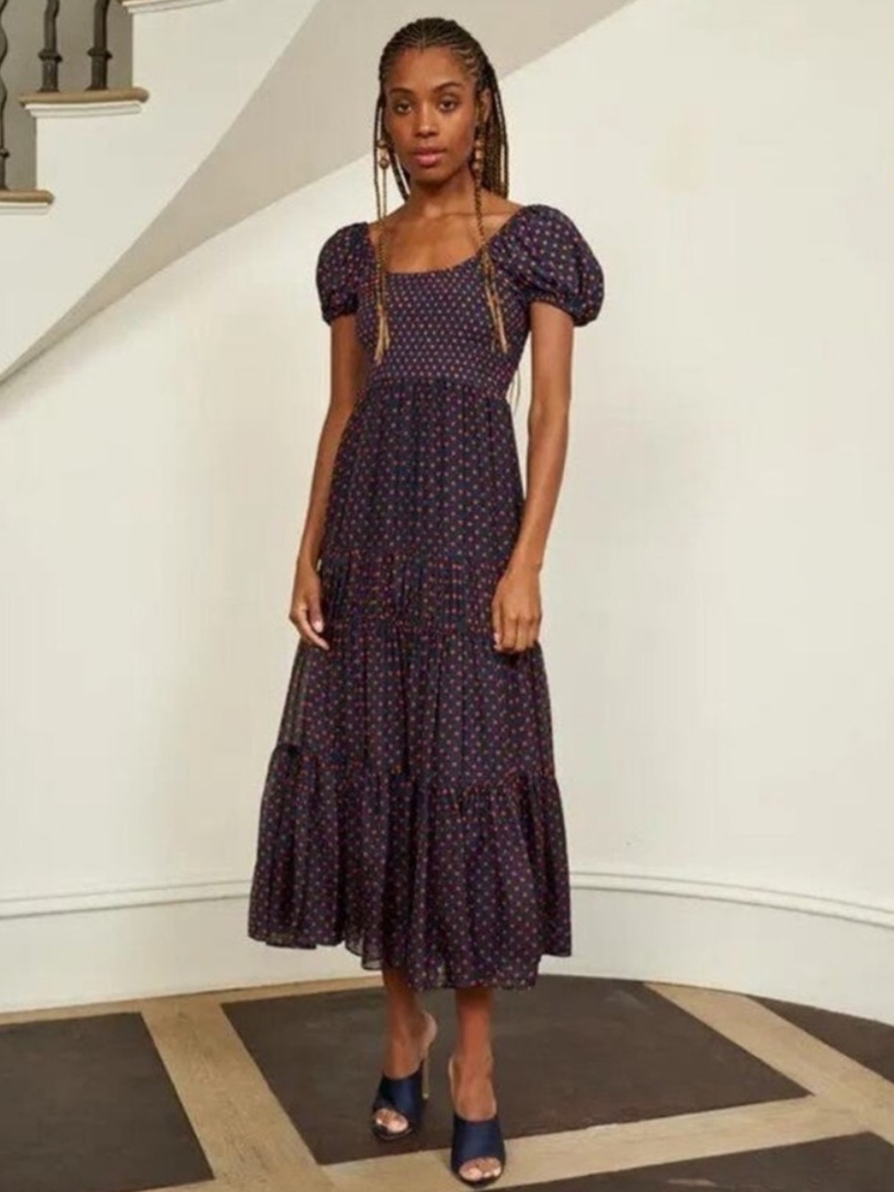 Smocked Puff Sleeve Midi Dress in Navy with Micro Dot